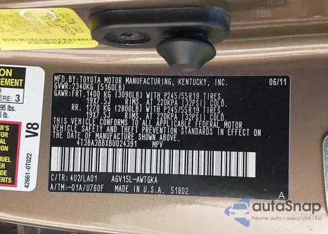 2011 Toyota Venza z USA, uszkodzony, nr VIN 4T3BA3BBXBU024391